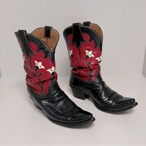 Lucchese Women’s Cowgirl Boots Red, White and Black Floral Pattern, Sz 9